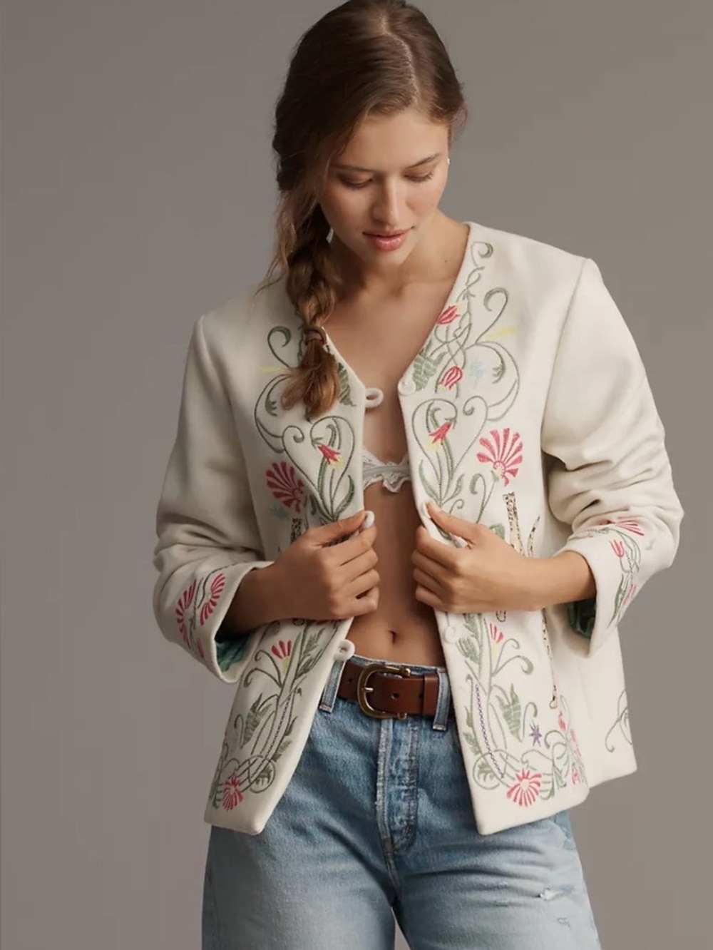 MOTHER Cream Embroidered Open-Front Jacket with Floral Motif
